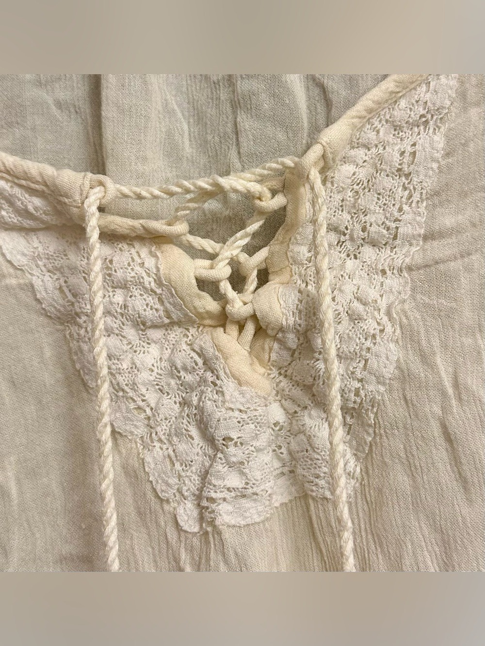 American Eagle Outfitters Boho Lace-Accent Cream Peasant Bell Sleeve Top - Picture 7 of 10